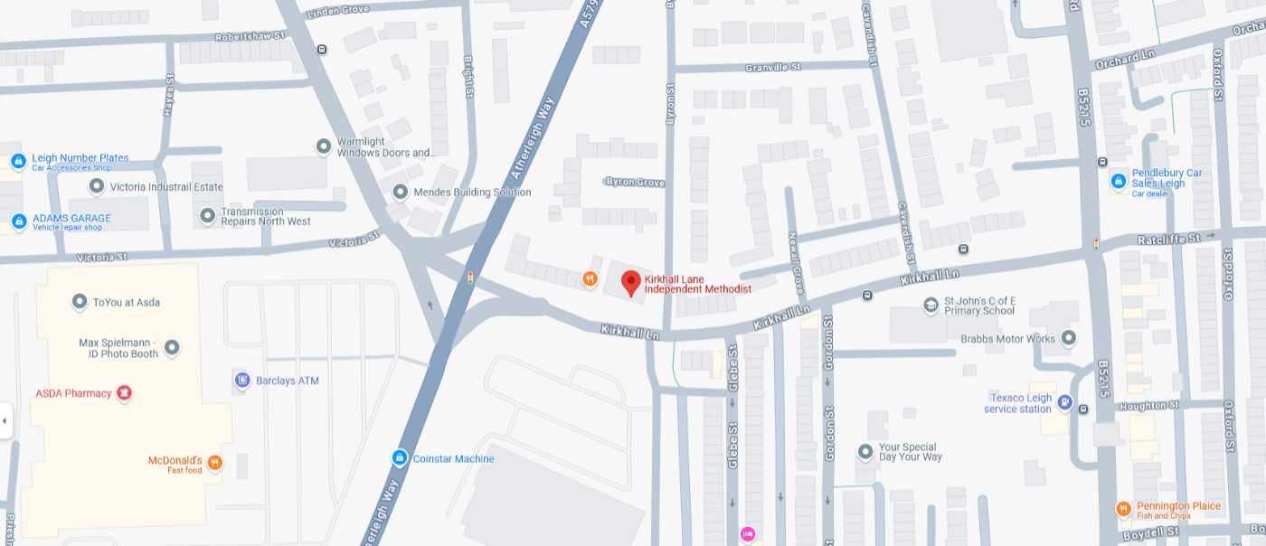 Map showing where Kirkhall Lane Church in Leigh is